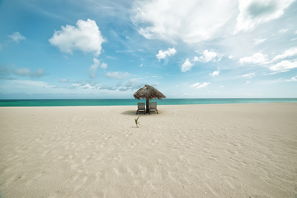 Playa solitaria de Barbuda con una sombrilla de palma frente al mar