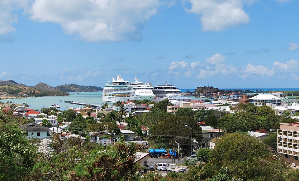 Vista de Saint John's con casas entre árboles y cruceros en el puerto