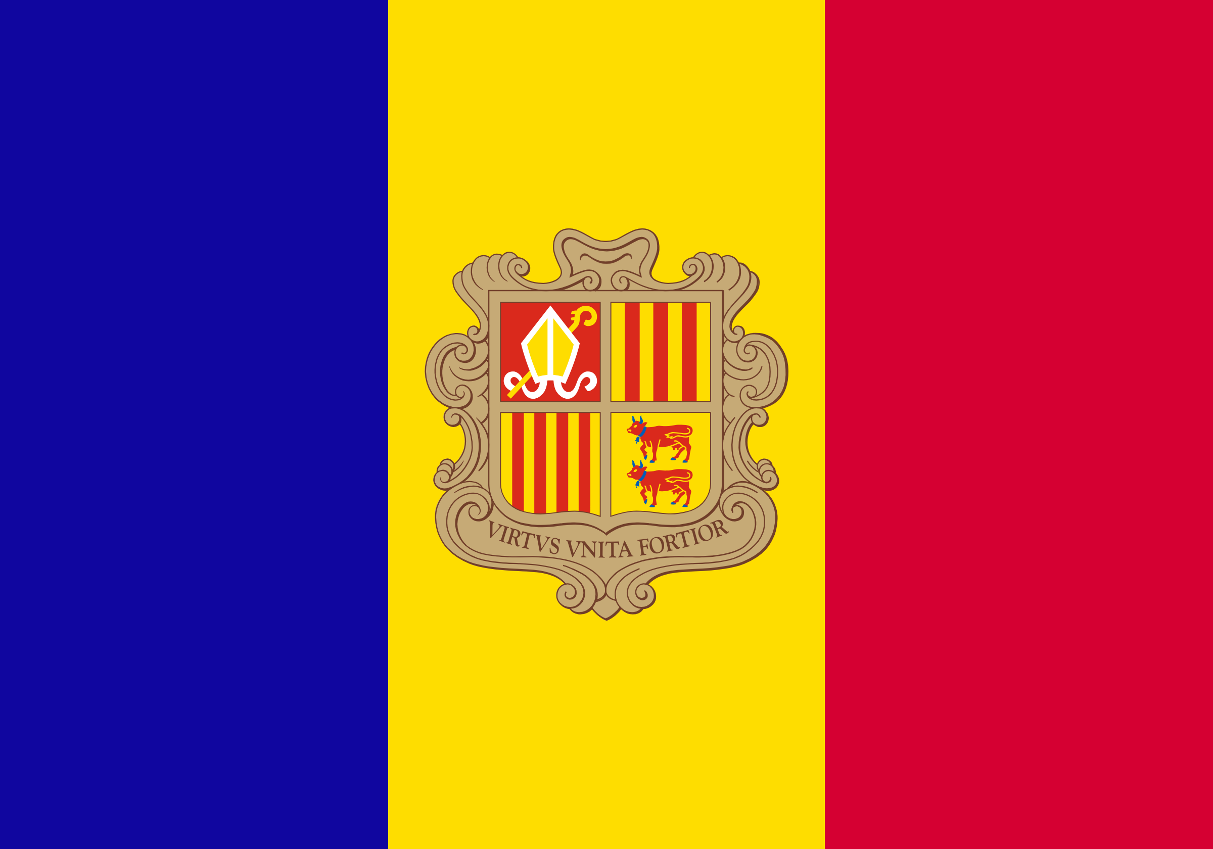 Bandera de Andorra: franjas verticales azul, amarilla y roja, con el escudo del principado en el centro
