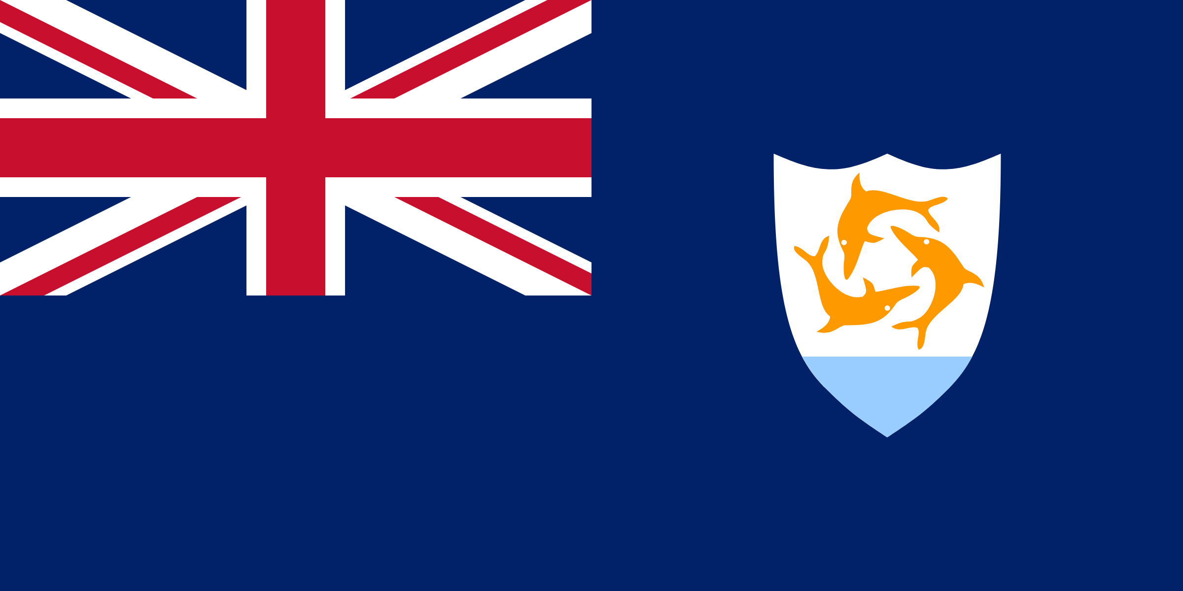 Bandera de Anguila: fondo azul oscuro con la bandera del Reino Unido arriba a la izquierda y un escudo blanco con tres delfines naranjas sobre agua azul celeste
