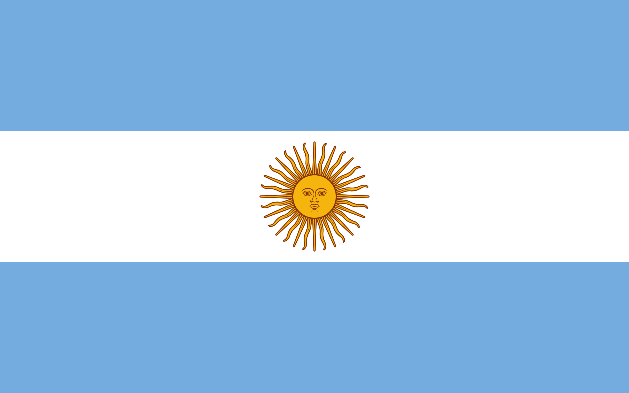 Bandera de Argentina: franjas horizontales celeste, blanca y celeste, con el Sol de Mayo dorado en el centro