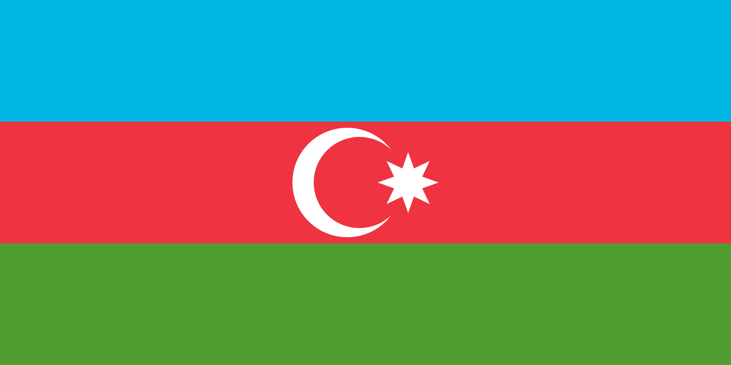 Bandera de Azerbaiyán: franjas horizontales azul, roja y verde, con una media luna y una estrella de ocho puntas blancas en el centro