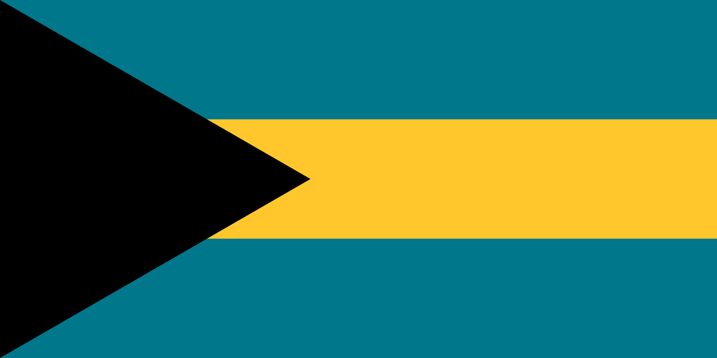 Bandera de Bahamas: franjas horizontales aguamarina, dorada y aguamarina con un triángulo negro a la izquierda