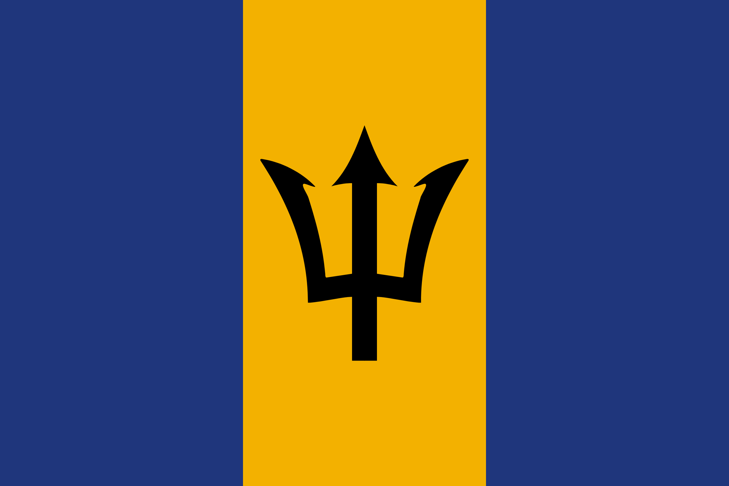 Bandera de Barbados: franjas verticales azul ultramar, dorada y azul ultramar con un tridente negro en el centro