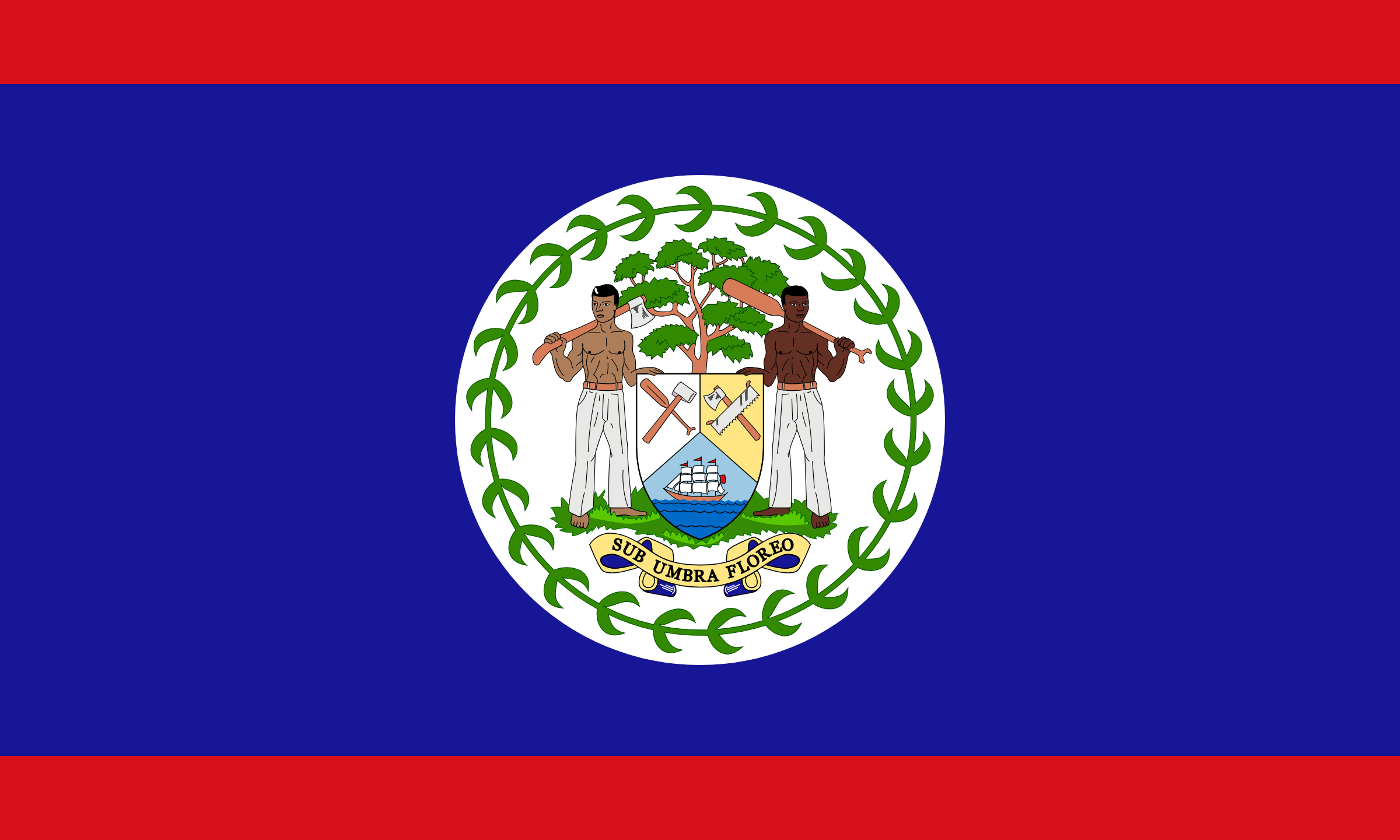 Bandera de Belice: fondo azul con franjas rojas arriba y abajo y un círculo blanco con el escudo nacional en el centro