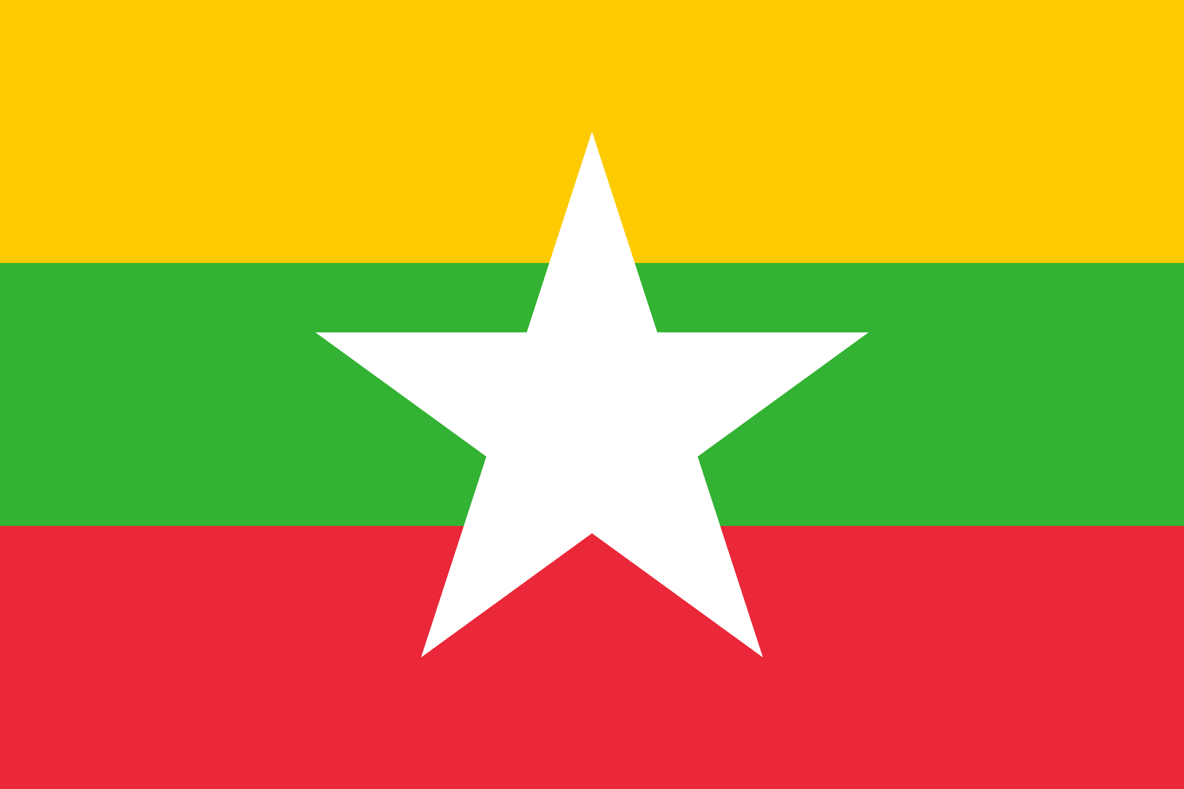 Bandera de Birmania: franjas horizontales amarilla, verde y roja, con una gran estrella blanca en el centro