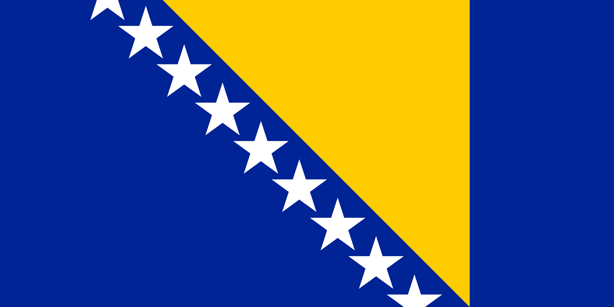 Bandera de Bosnia y Herzegovina: campo azul con un triángulo amarillo y una fila diagonal de estrellas blancas