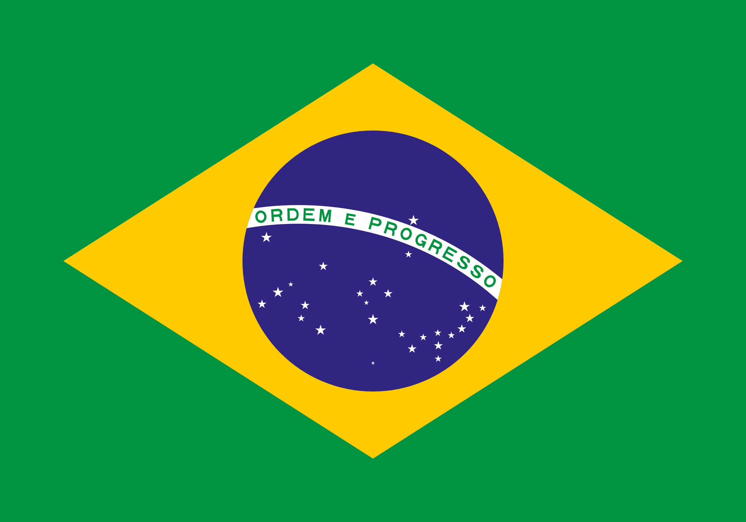 Bandera de Brasil: fondo verde con un rombo amarillo y un círculo azul con estrellas y la franja blanca «Ordem e Progresso»