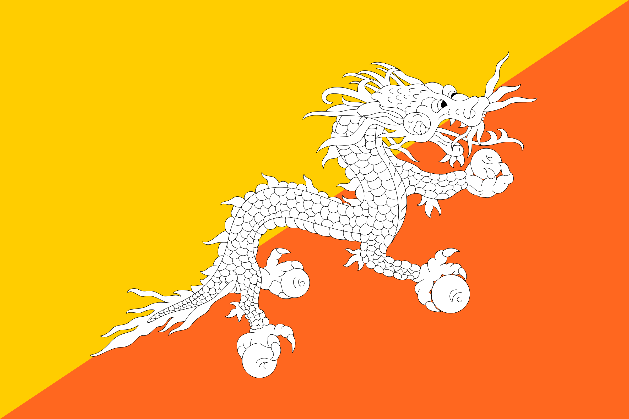 Bandera de Bután: dividida en diagonal en amarillo y naranja, con un dragón blanco en el centro