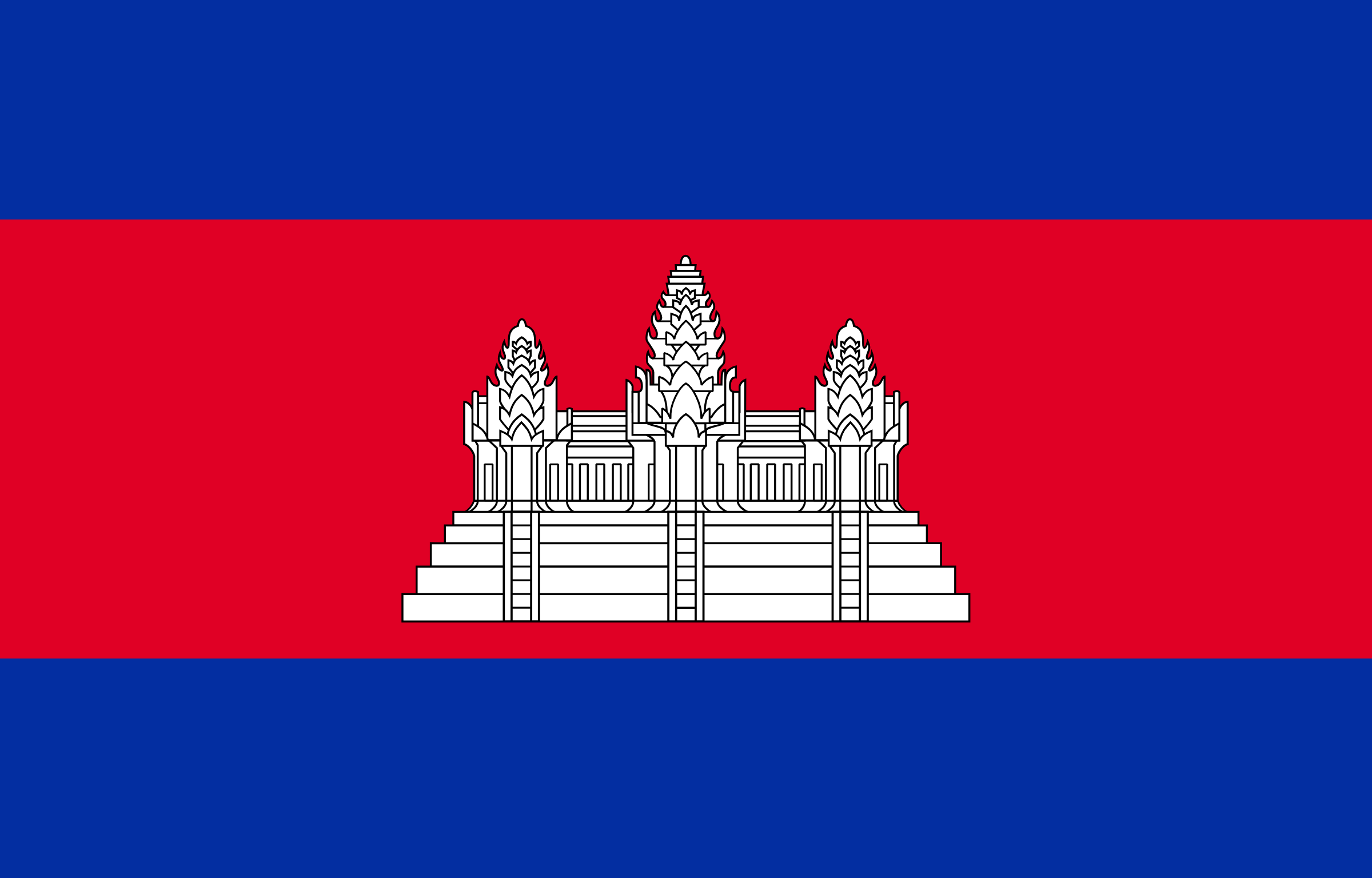 Bandera de Camboya: franjas azul, roja y azul, con el templo de Angkor Wat en blanco en el centro