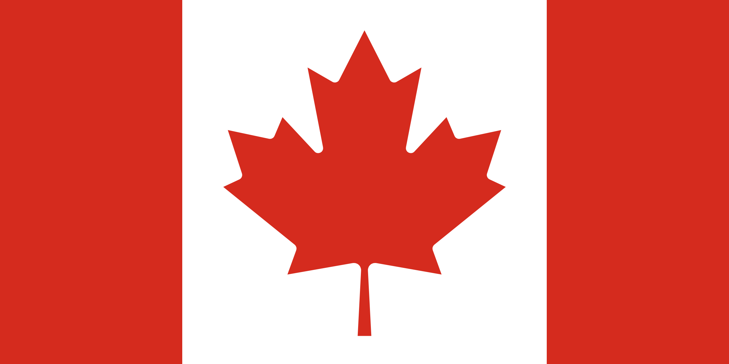 Bandera de Canadá: franjas rojas a los lados y un cuadro blanco al centro con una hoja de maple roja