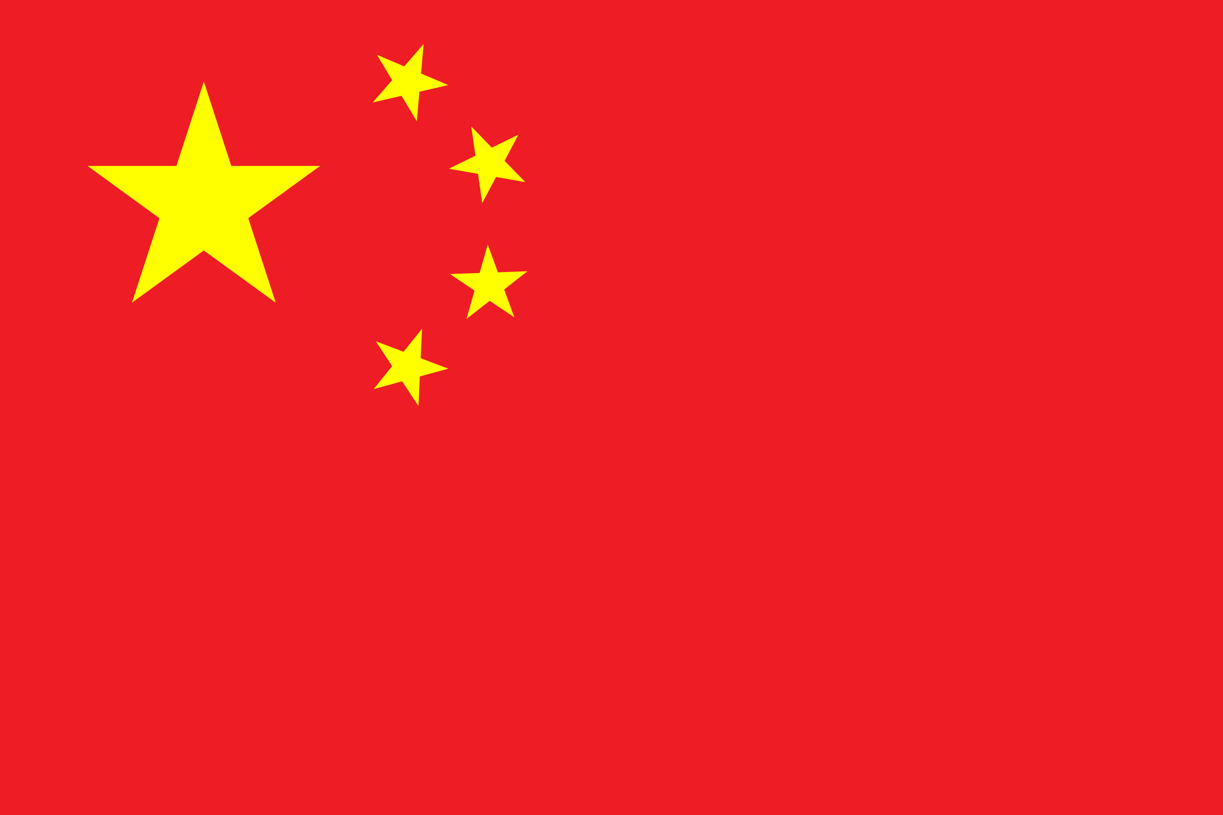 Bandera de China: fondo rojo con una estrella grande y cuatro pequeñas amarillas en la esquina superior junto al asta