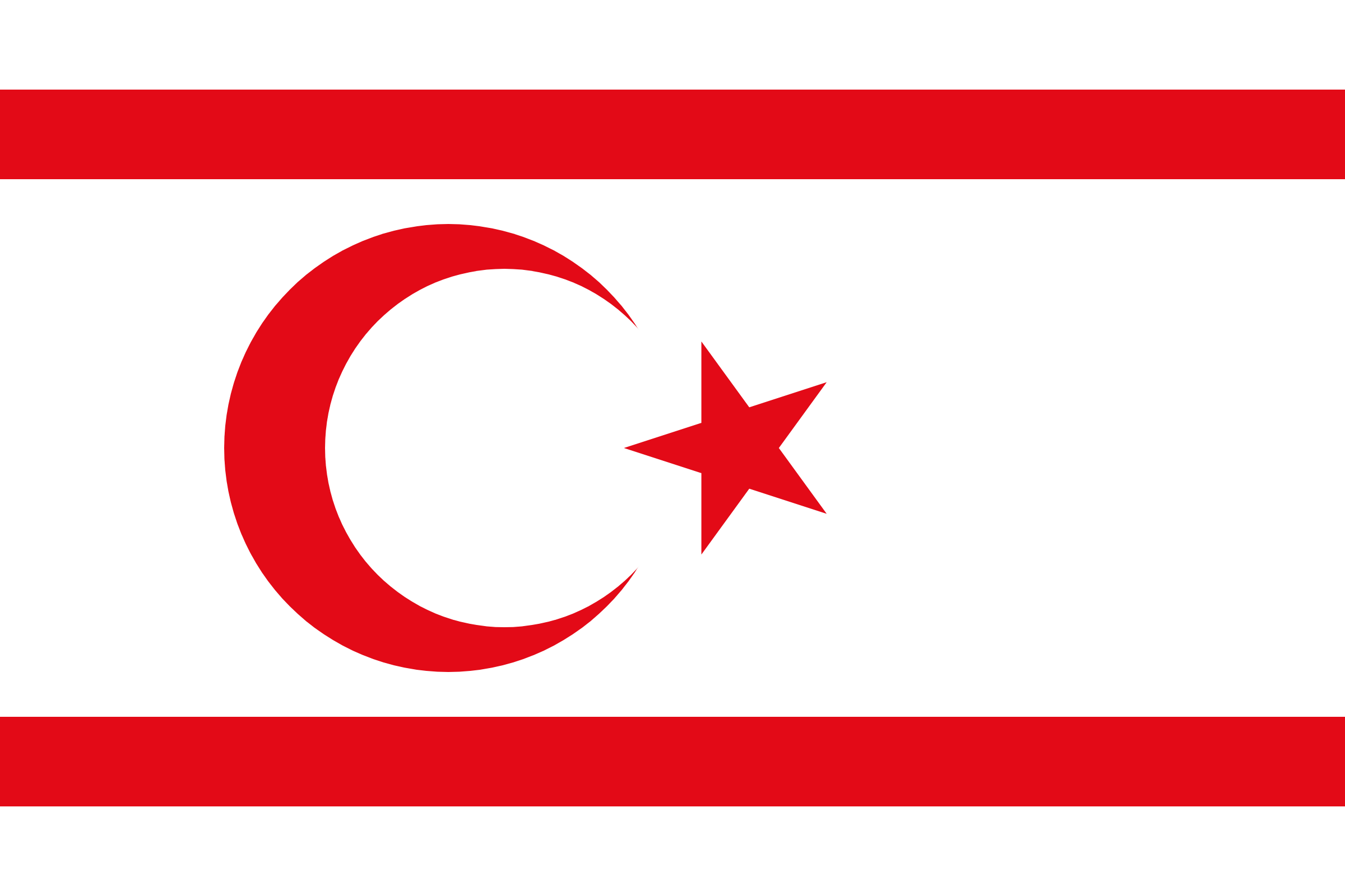 Bandera de Chipre del Norte: fondo blanco con una franja roja arriba y otra abajo, y una media luna y una estrella rojas en el centro