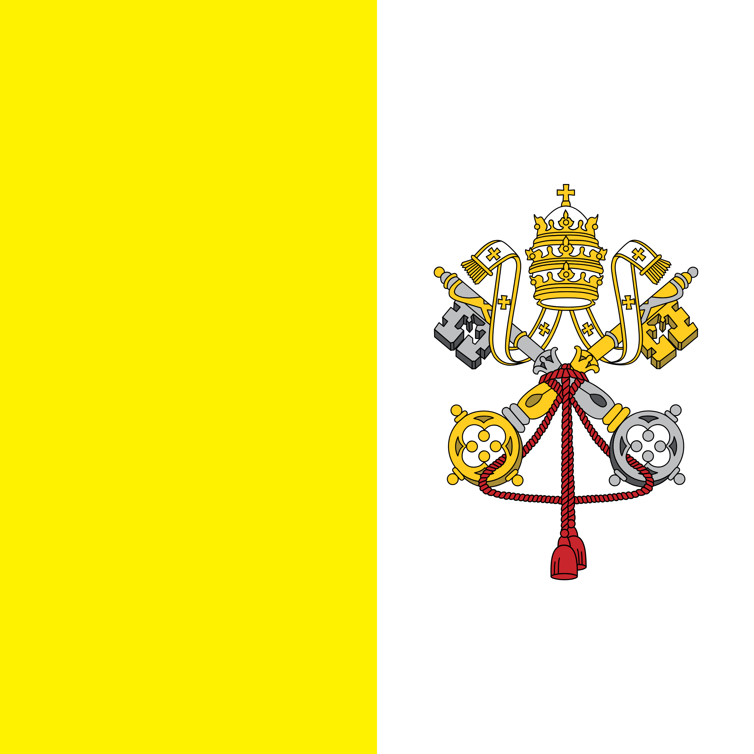Bandera del Vaticano: cuadrada, mitad amarilla junto al asta y mitad blanca con las llaves cruzadas y la tiara papal