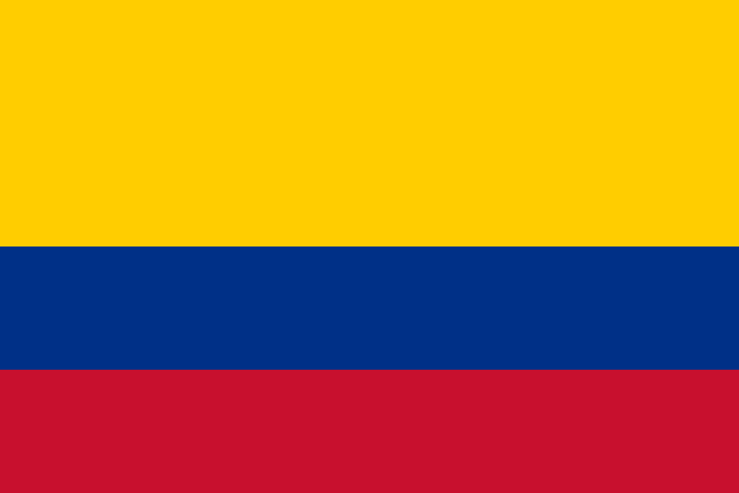 Bandera de Colombia: franjas horizontales amarilla (la más ancha), azul y roja