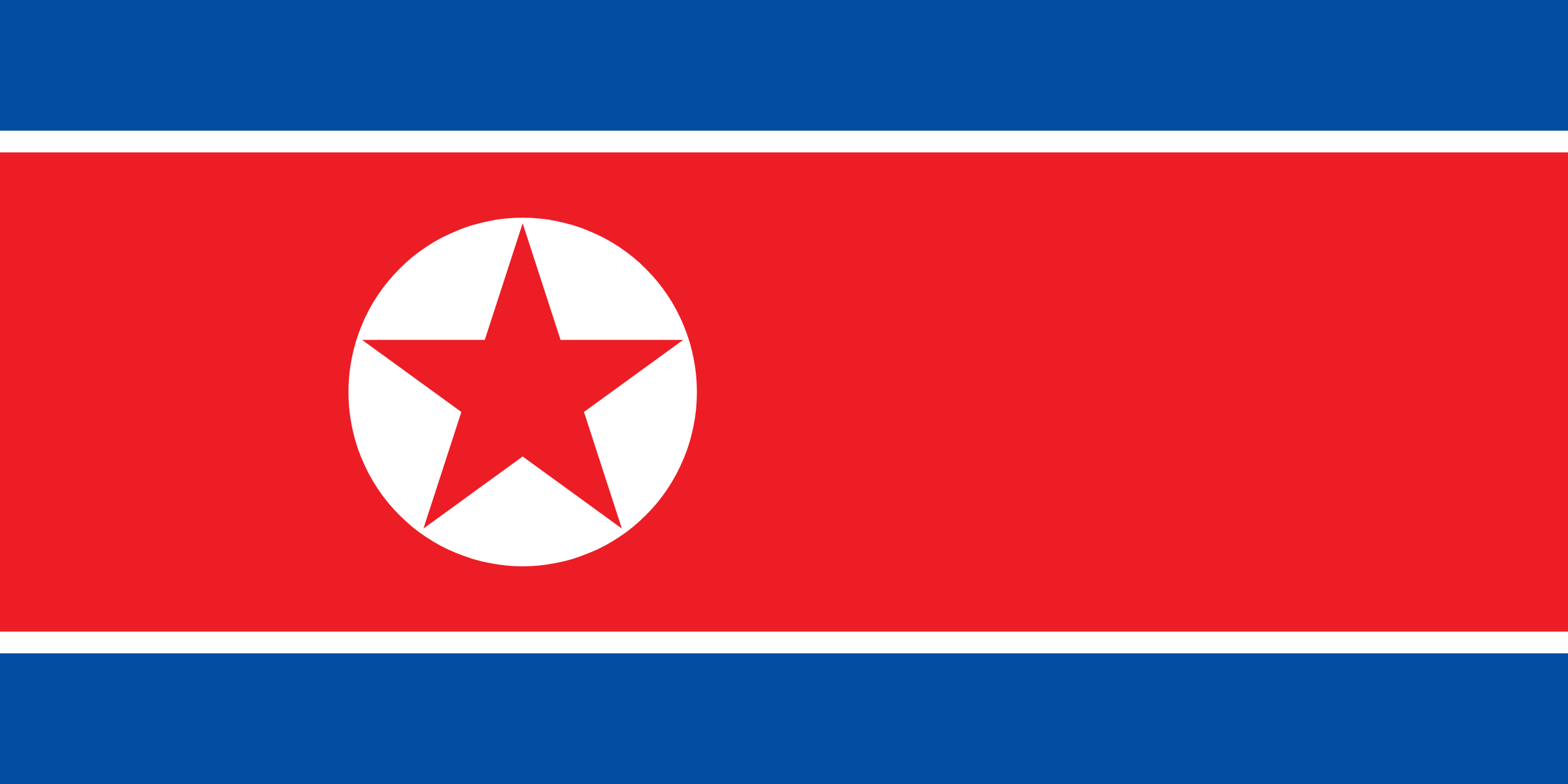 Bandera de Corea del Norte: franja roja ancha con bordes blancos y azules, y una estrella roja dentro de un círculo blanco