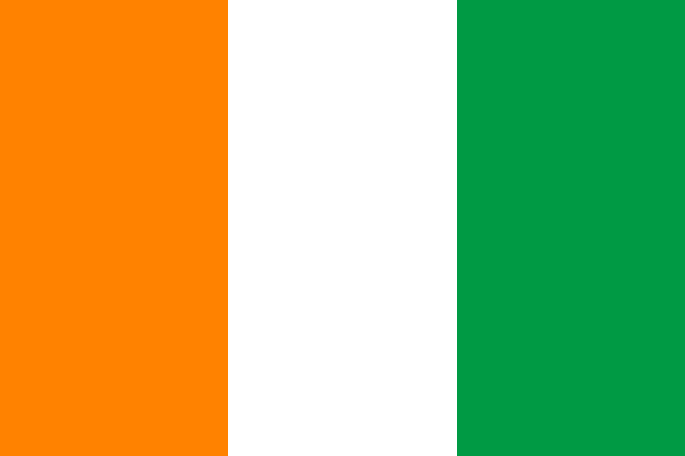 Bandera de Costa de Marfil: tres franjas verticales, naranja, blanca y verde