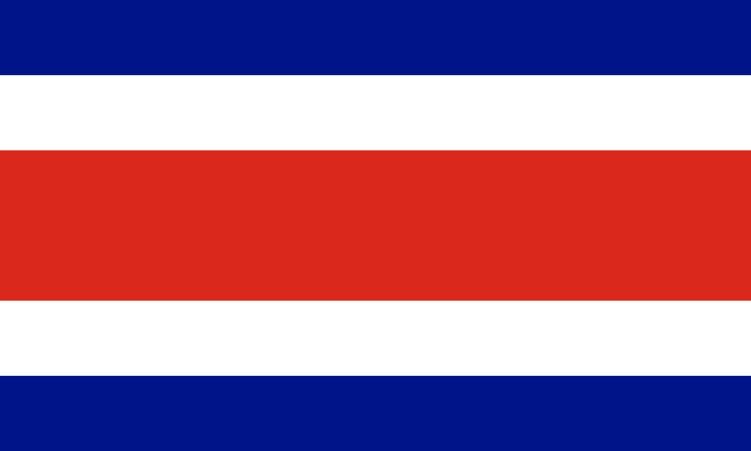 Bandera de Costa Rica: franjas horizontales azul, blanca, roja (la más ancha, al centro), blanca y azul