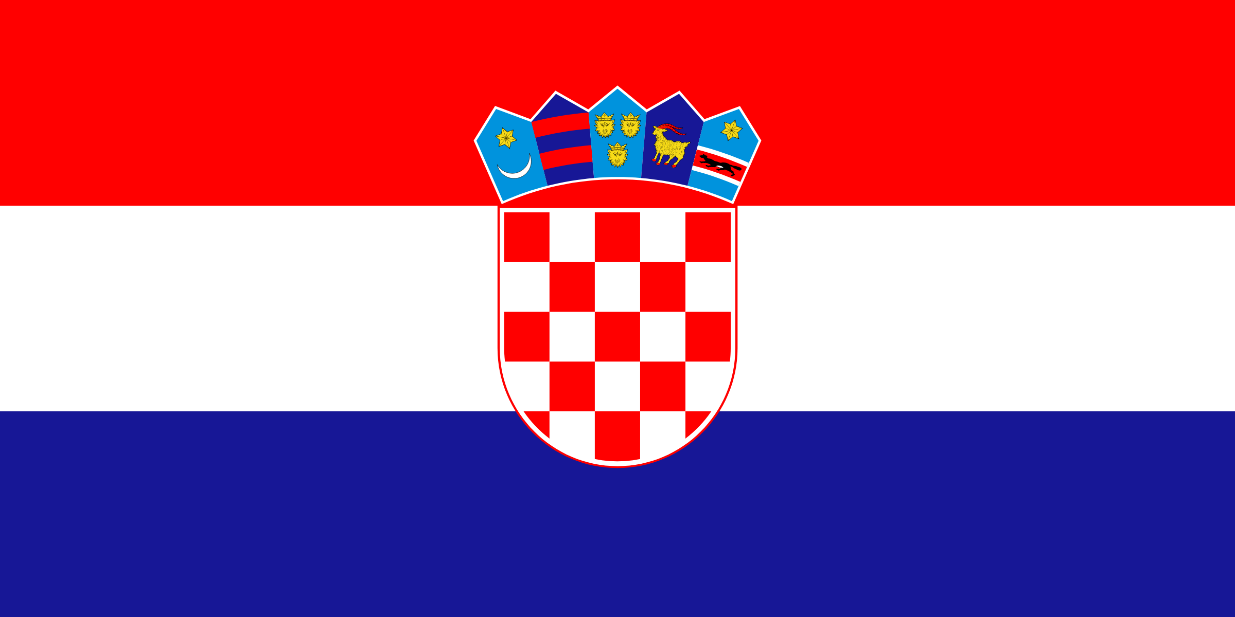Bandera de Croacia: franjas horizontales roja, blanca y azul, con el escudo de cuadros rojos y blancos en el centro