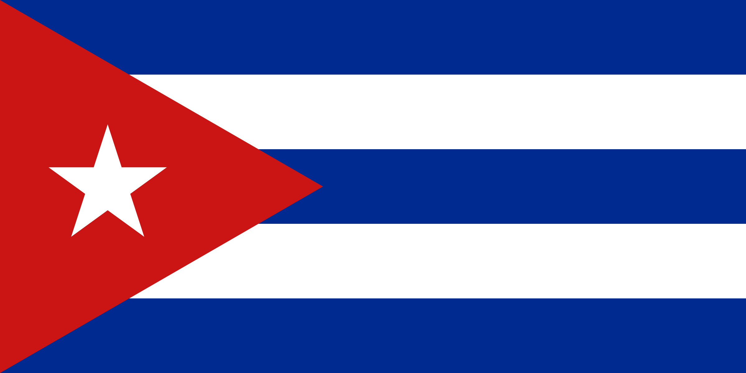 Bandera de Cuba: cinco franjas horizontales azules y blancas y un triángulo rojo con una estrella blanca
