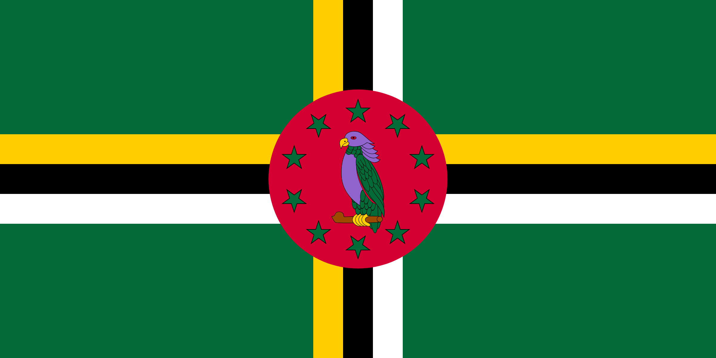 Bandera de Dominica: fondo verde con una cruz amarilla, negra y blanca, y al centro un círculo rojo con un loro sisserou rodeado de diez estrellas verdes