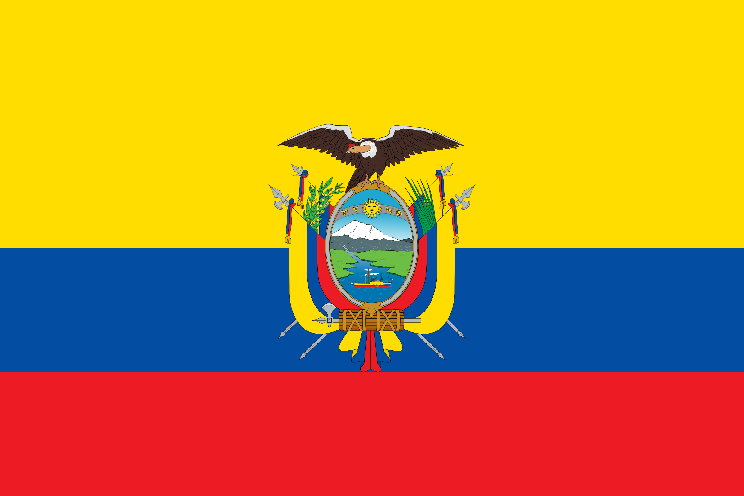 Bandera de Ecuador: franjas horizontales amarilla (la más ancha), azul y roja, con el escudo nacional y un cóndor al centro