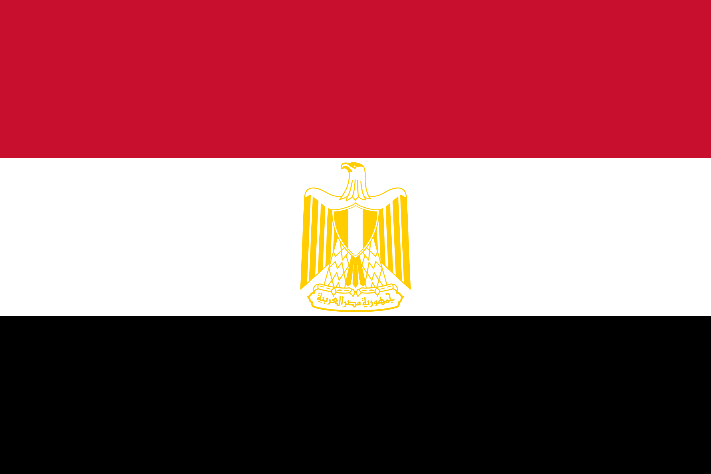Bandera de Egipto: franjas horizontales roja, blanca y negra, con el águila dorada de Saladino en el centro