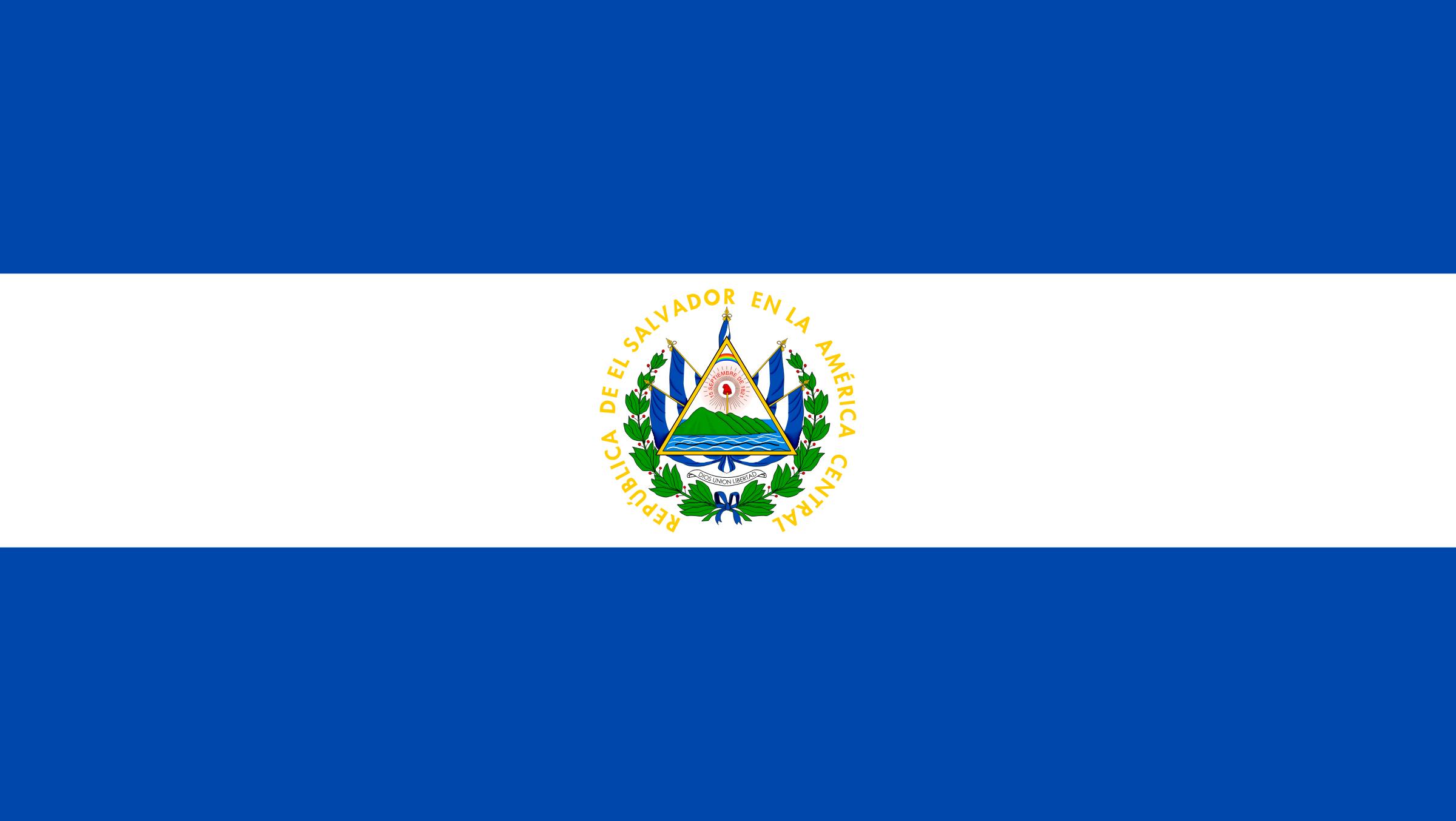 Bandera de El Salvador: franjas horizontales azul, blanca y azul, con el escudo nacional al centro