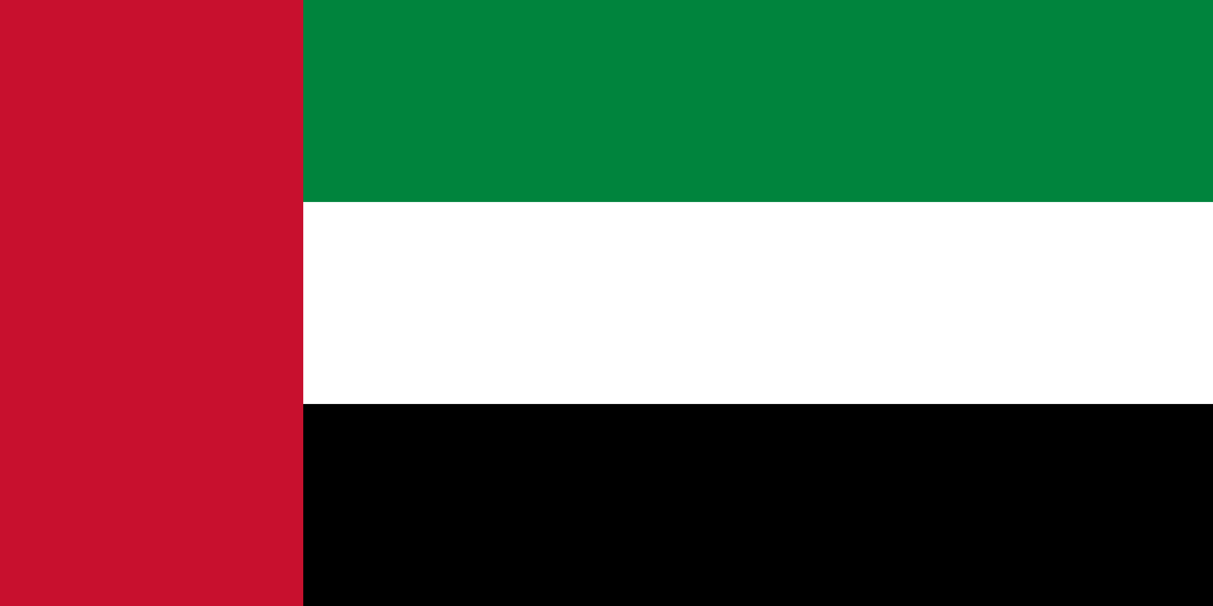 Bandera de los Emiratos Árabes Unidos: franja vertical roja junto al asta y tres franjas horizontales verde, blanca y negra