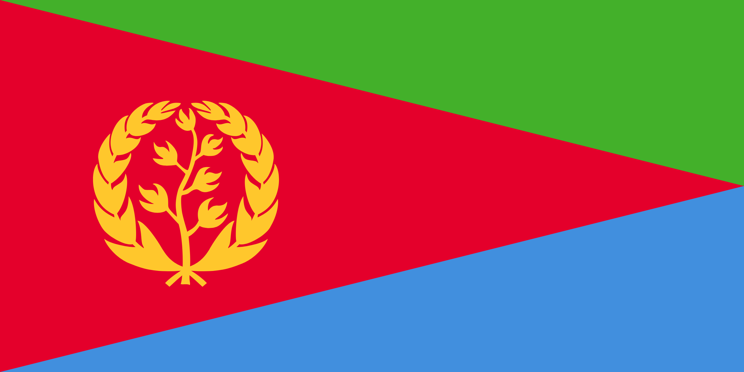 Bandera de Eritrea: un triángulo rojo con una rama de olivo dorada separa una franja verde arriba y una azul abajo