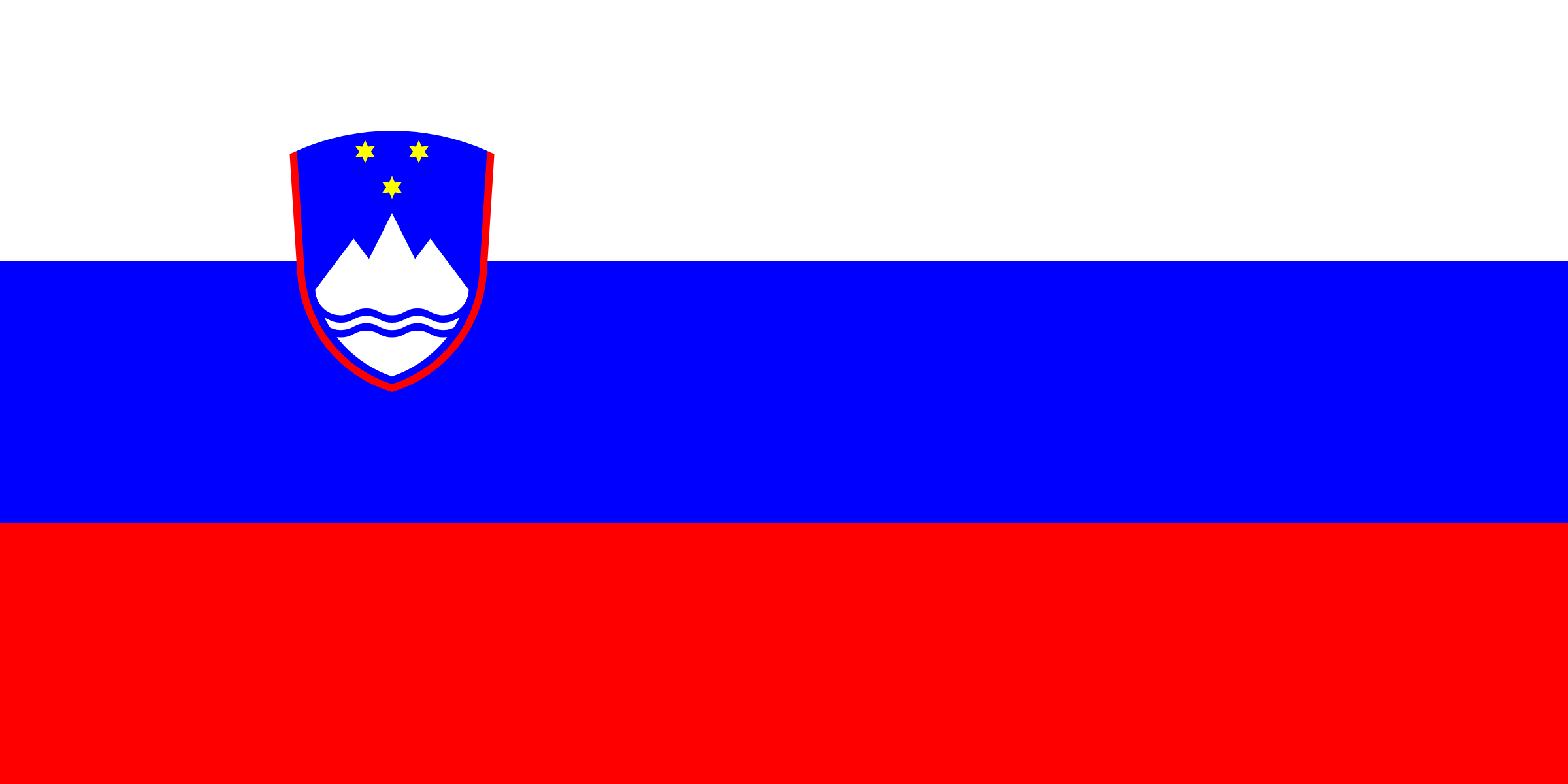 Bandera de Eslovenia: franjas horizontales blanca, azul y roja, con un escudo del monte Triglav y tres estrellas doradas