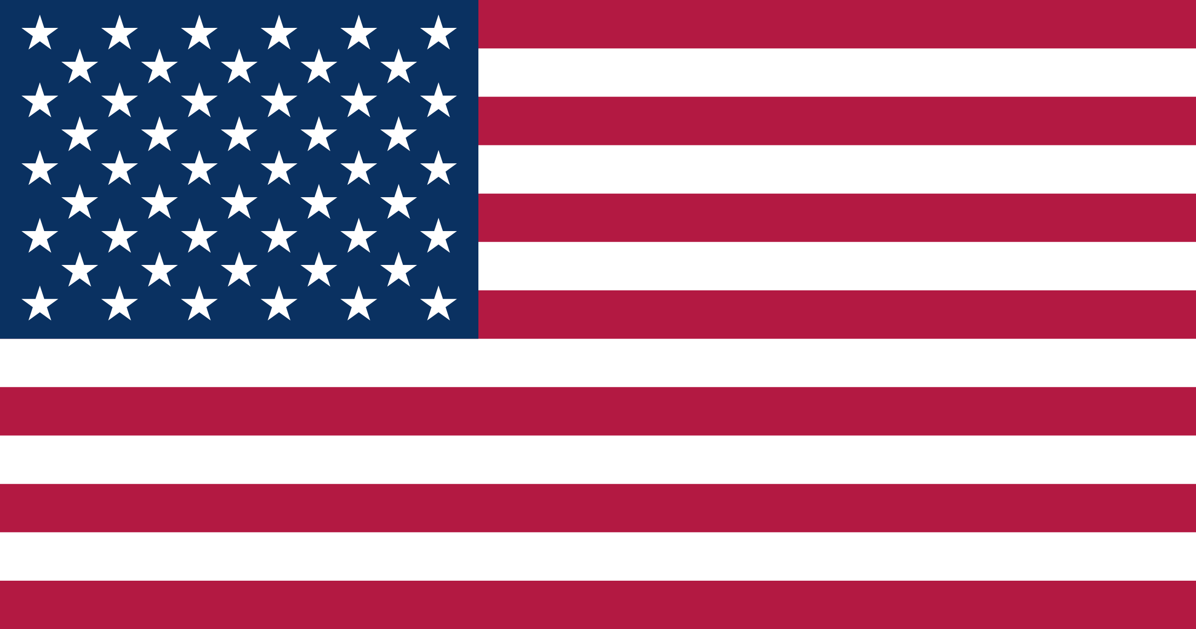 Bandera de Estados Unidos: trece franjas horizontales rojas y blancas y un rectángulo azul con cincuenta estrellas blancas