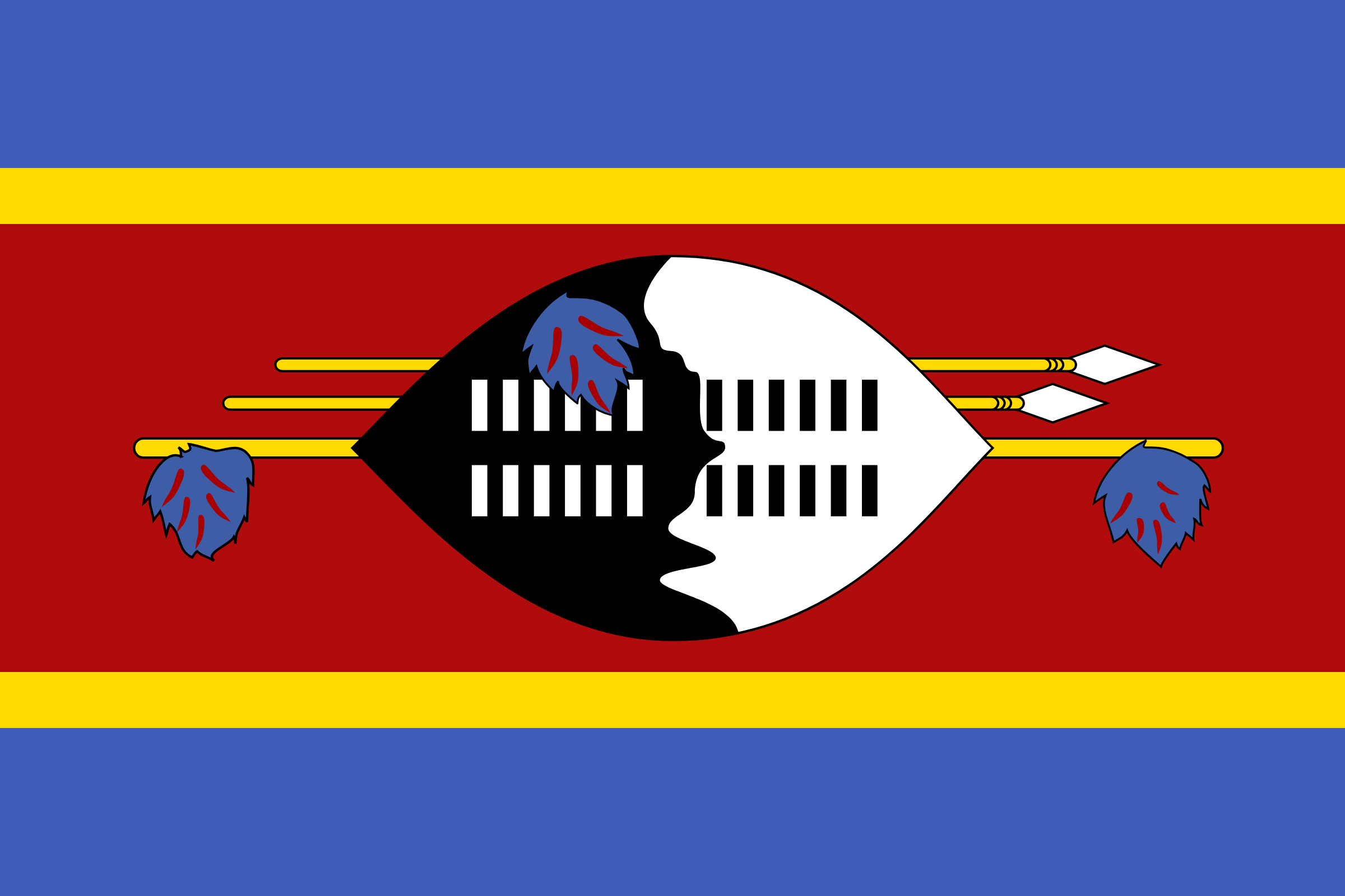 Bandera de Esuatini: franjas azul, amarilla, roja, amarilla y azul, con un escudo blanco y negro y dos lanzas en el centro