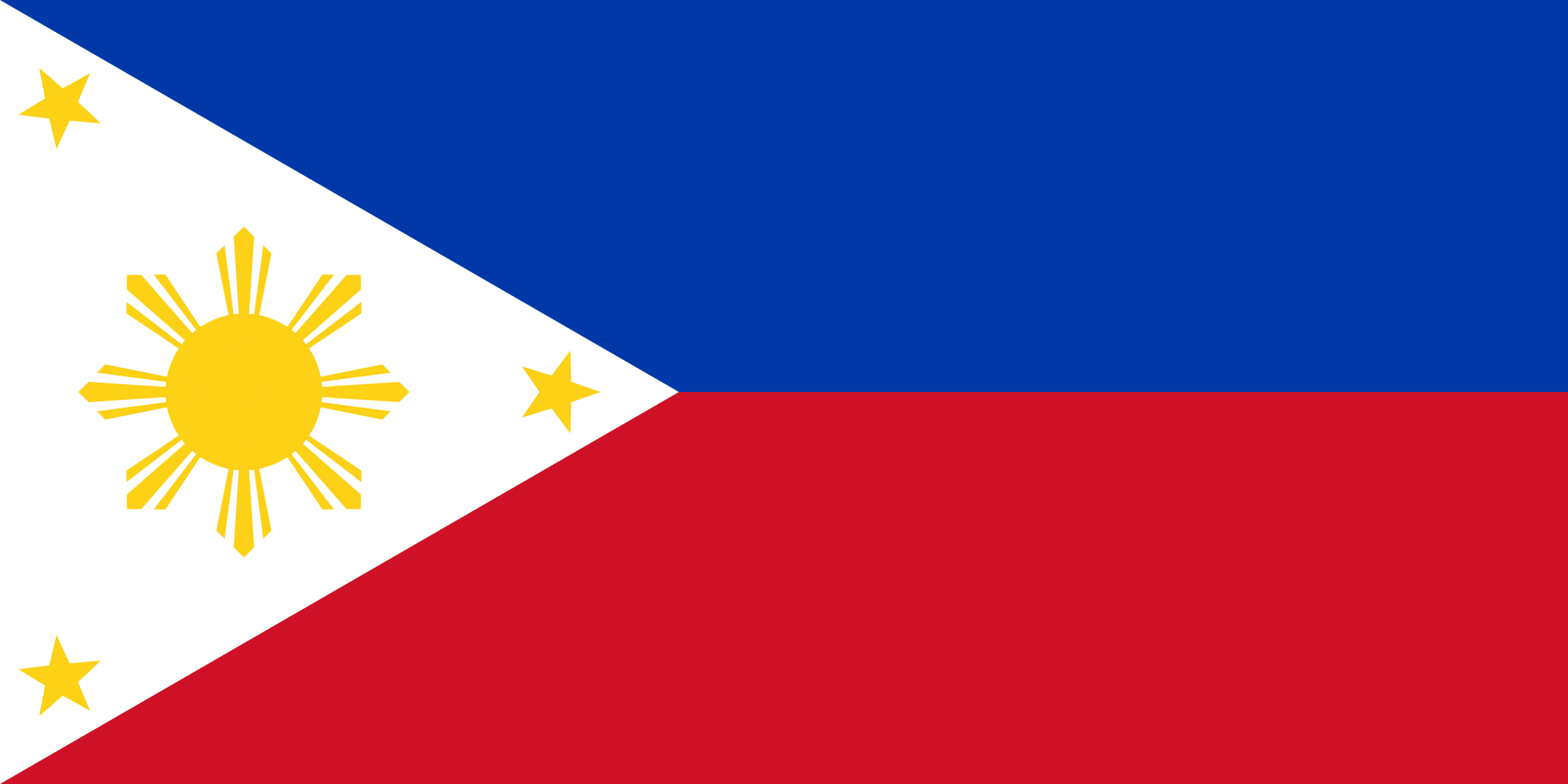 Bandera de Filipinas: franjas azul y roja, con un triángulo blanco junto al asta que lleva un sol dorado de ocho rayos y tres estrellas