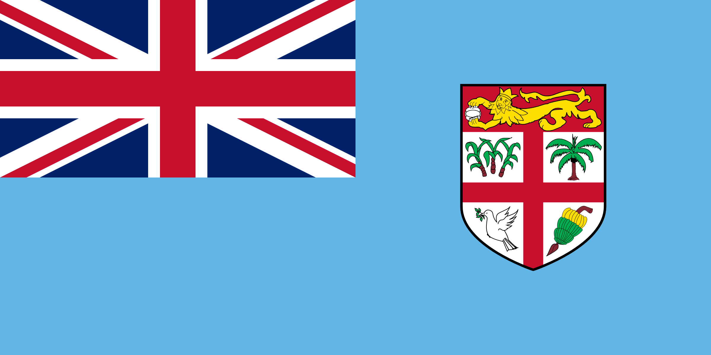 Bandera de Fiyi: campo azul celeste con la bandera del Reino Unido arriba a la izquierda y un escudo a la derecha