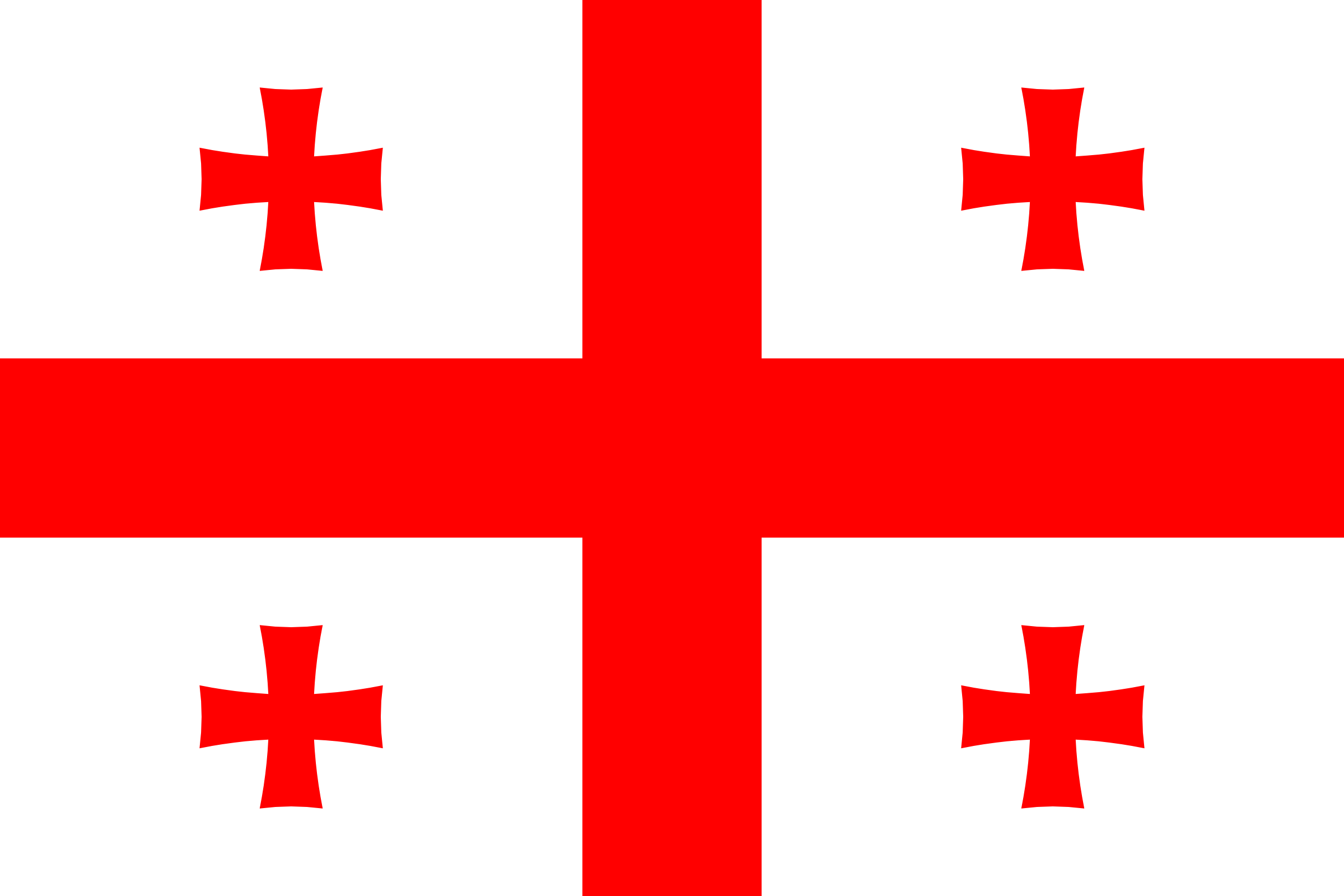 Bandera de Georgia: fondo blanco con una gran cruz roja y cuatro cruces rojas más pequeñas en las esquinas