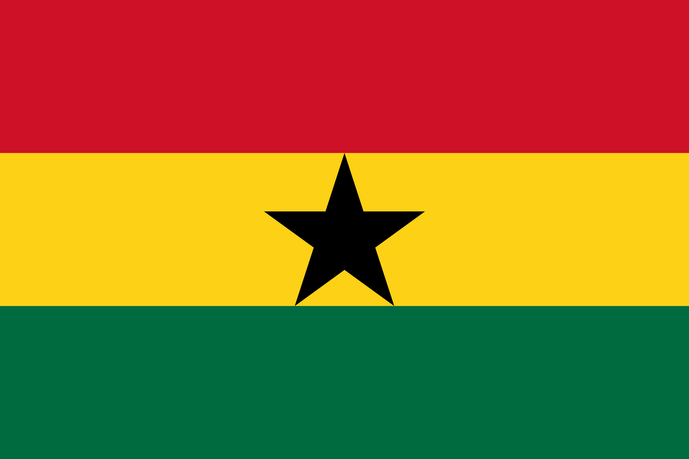 Bandera de Ghana: franjas horizontales roja, amarilla y verde, con una estrella negra en el centro