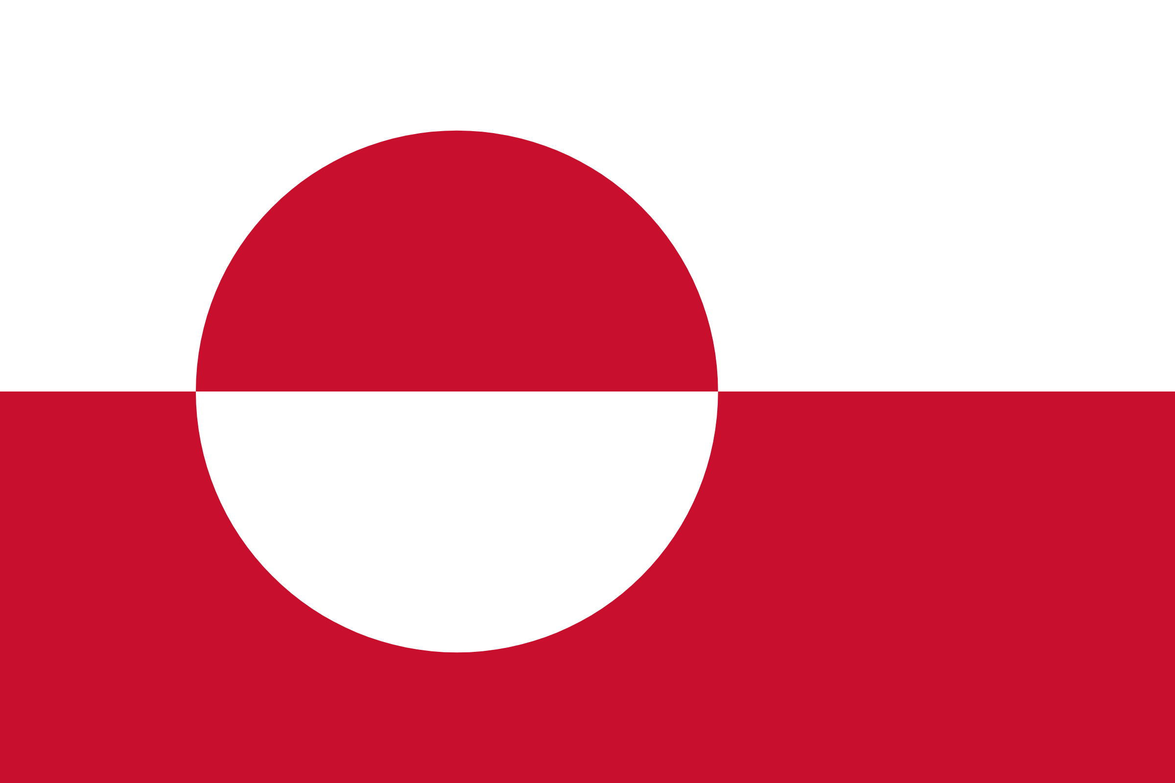 Bandera de Groenlandia: mitad superior blanca y mitad inferior roja, con un círculo a la izquierda partido en rojo arriba y blanco abajo