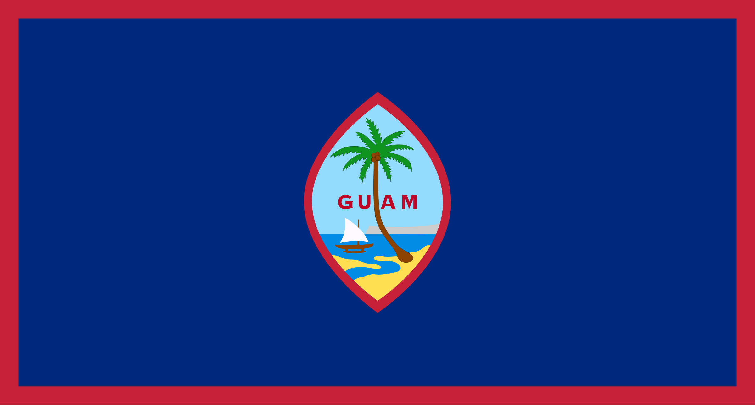 Bandera de Guam: campo azul marino con borde rojo y, en el centro, un escudo en forma de almendra con una palmera, una canoa y el nombre GUAM