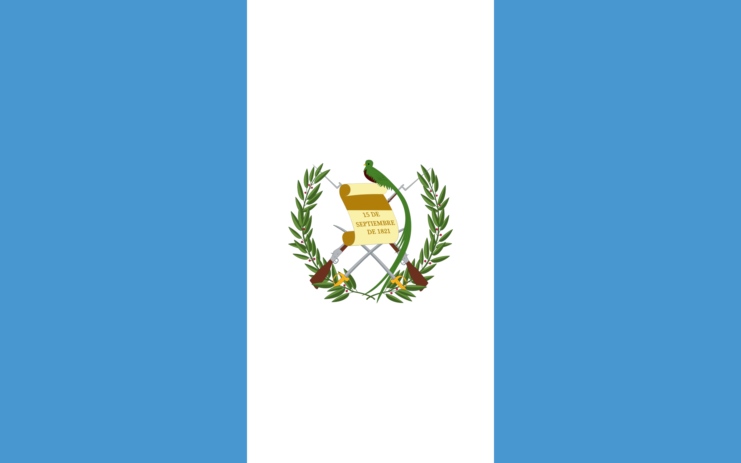 Bandera de Guatemala: franjas verticales celeste, blanca y celeste, con el escudo nacional y un quetzal al centro