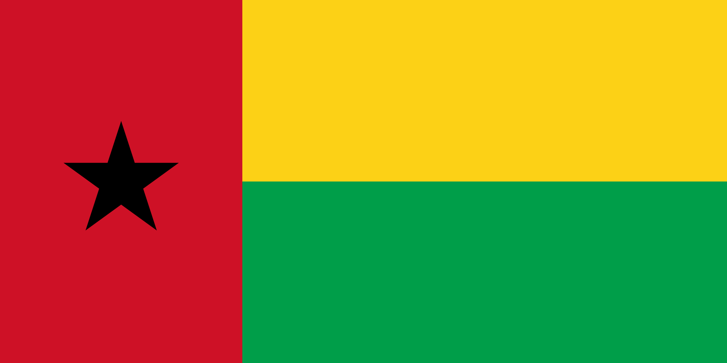 Bandera de Guinea-Bisáu: franja vertical roja con una estrella negra a la izquierda y dos franjas horizontales, amarilla y verde