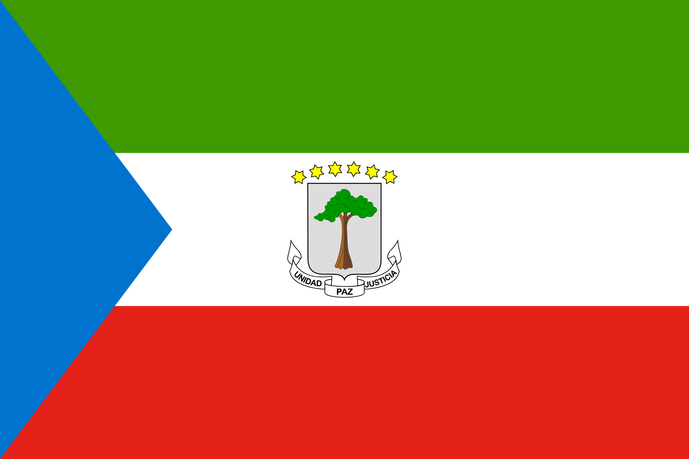 Bandera de Guinea Ecuatorial: franjas verde, blanca y roja, un triángulo azul a la izquierda y el escudo con un árbol en el centro