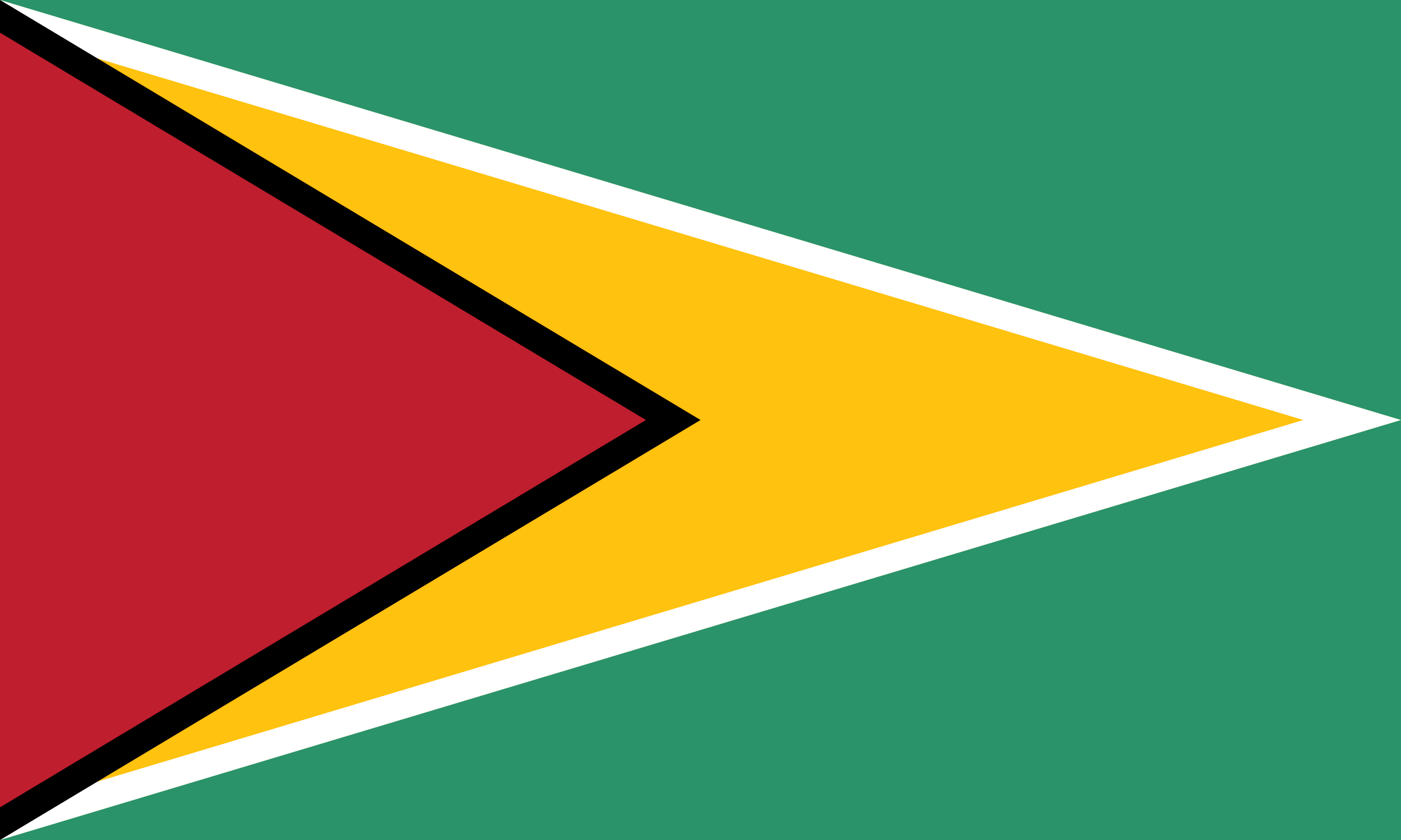 Bandera de Guyana: fondo verde con una punta de flecha amarilla con borde blanco y un triángulo rojo con borde negro