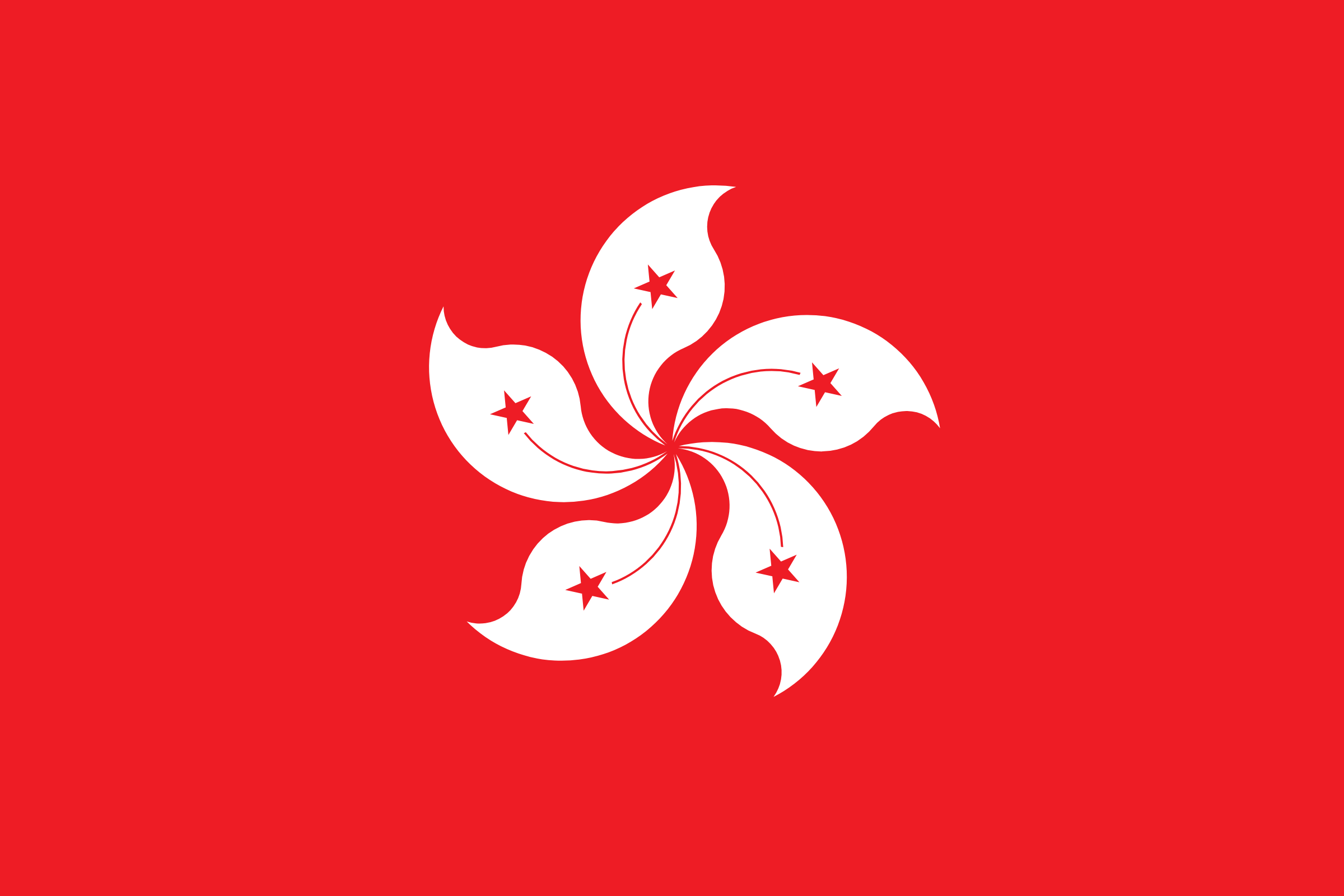 Bandera de Hong Kong: fondo rojo con una flor blanca de bauhinia de cinco pétalos, cada uno con una estrella roja
