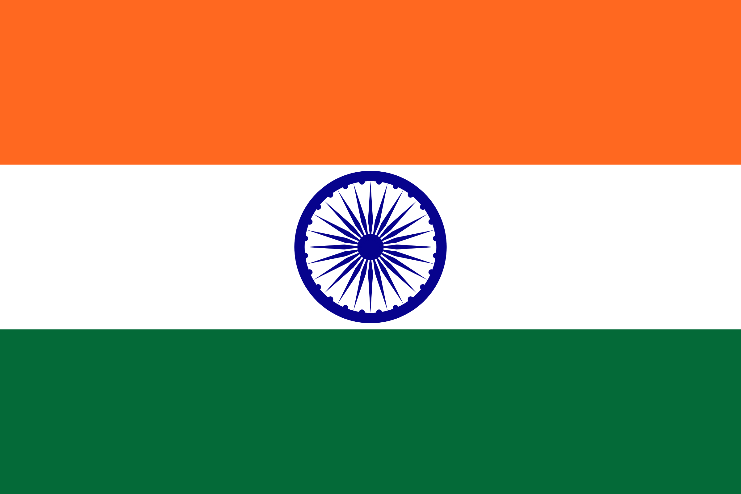 Bandera de la India: franjas horizontales azafrán, blanca y verde, con una rueda azul de 24 rayos en el centro
