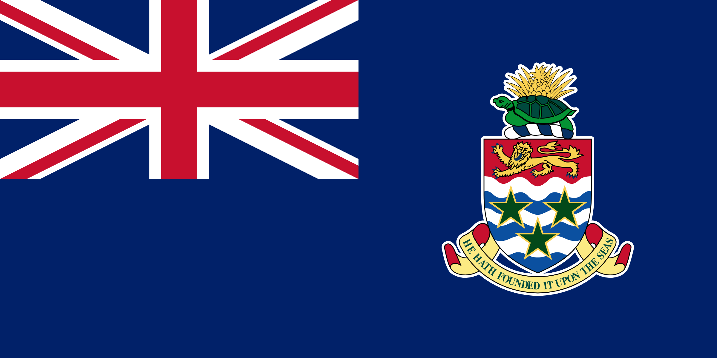 Bandera de las Islas Caimán: fondo azul con la bandera del Reino Unido en la esquina y el escudo con una tortuga, una piña y tres estrellas verdes