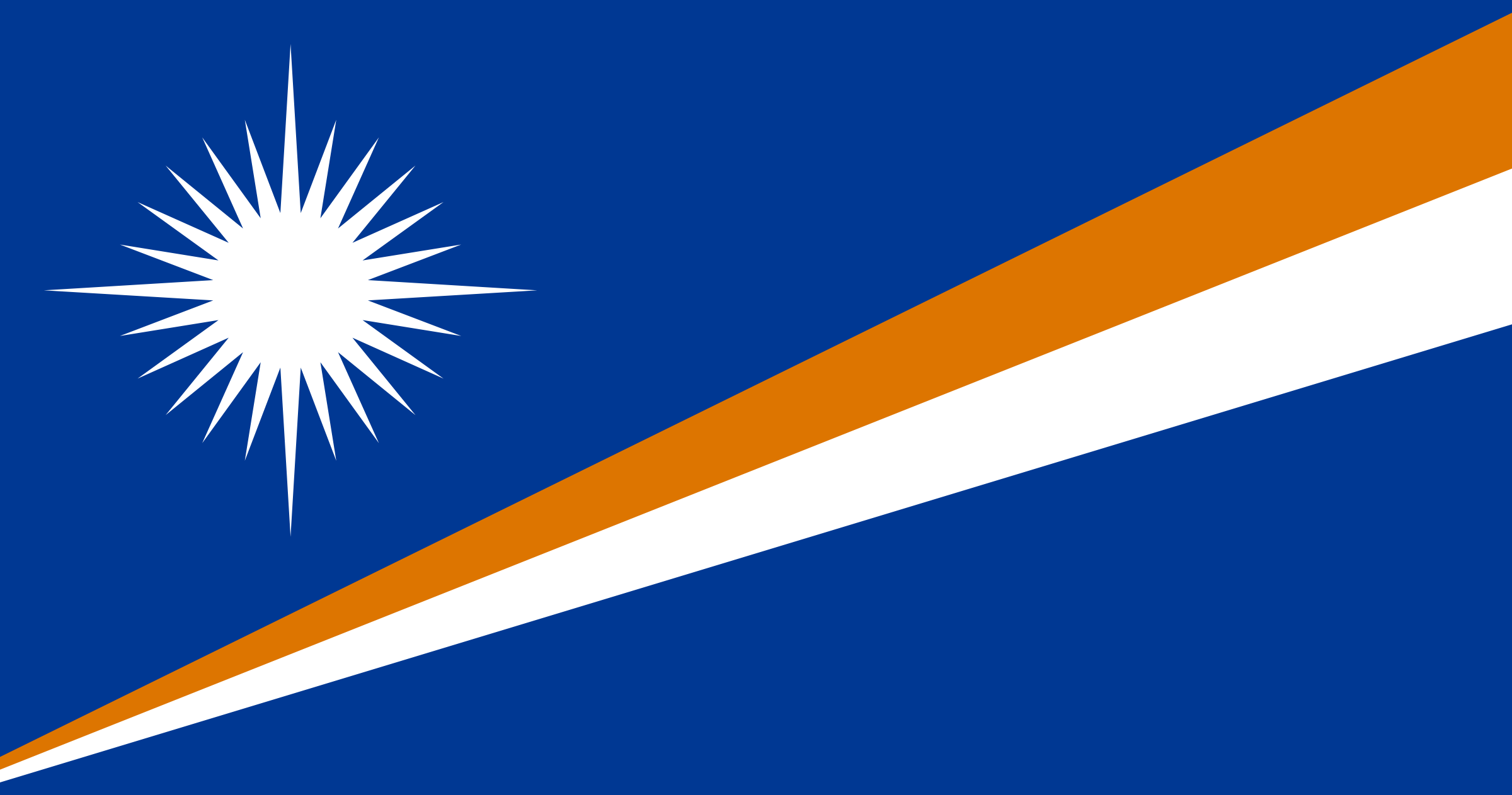 Bandera de las Islas Marshall: campo azul con dos franjas diagonales, naranja y blanca, y una estrella blanca de 24 puntas arriba a la izquierda