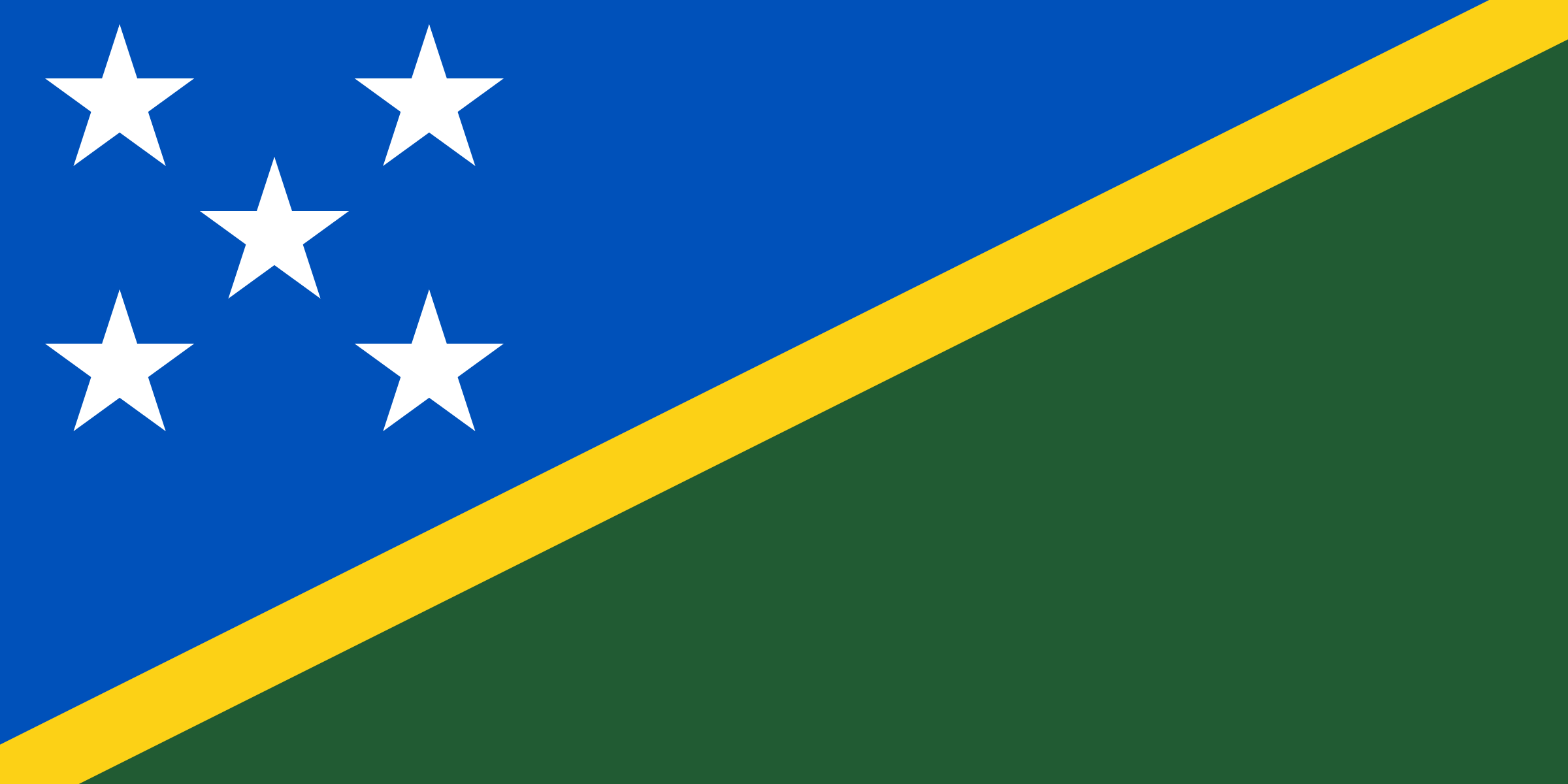 Bandera de las Islas Salomón: triángulo azul con cinco estrellas blancas arriba, triángulo verde abajo y una franja diagonal amarilla entre ellos