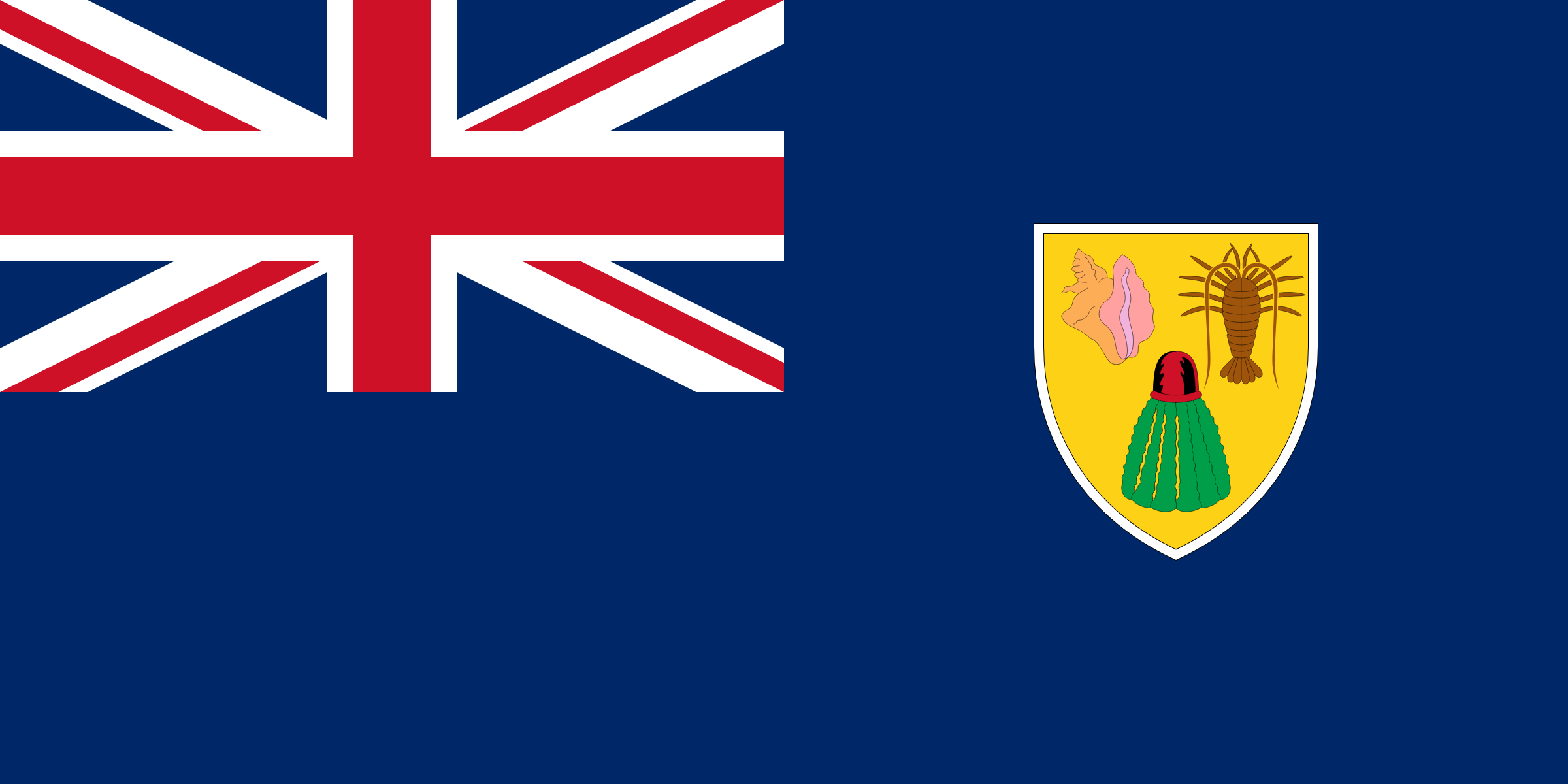 Bandera de las Islas Turcas y Caicos: fondo azul con la bandera del Reino Unido en la esquina y un escudo amarillo con una concha, una langosta y un cactus