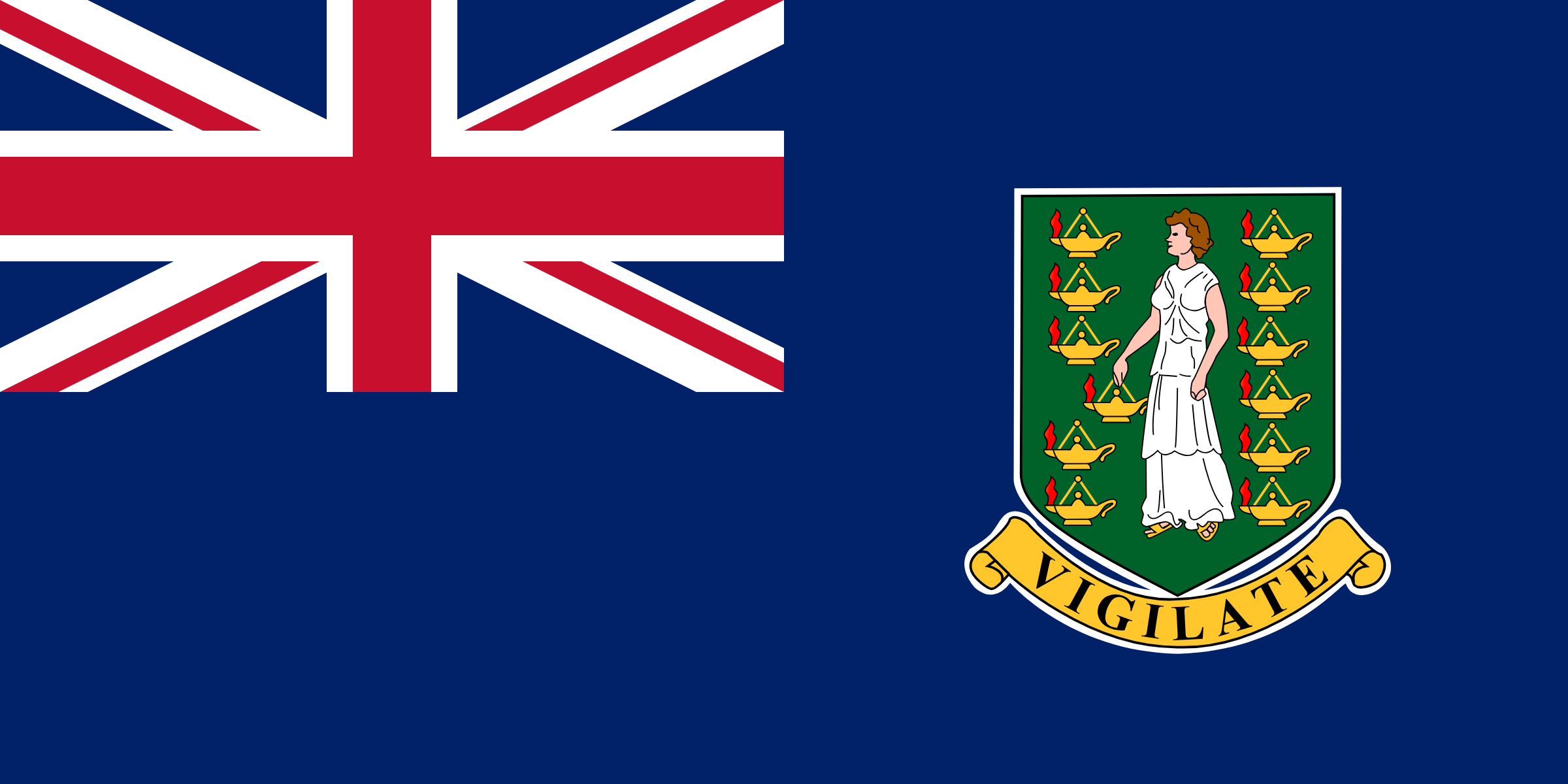 Bandera de las Islas Vírgenes Británicas: fondo azul con la bandera del Reino Unido en la esquina y un escudo verde con santa Úrsula y once lámparas